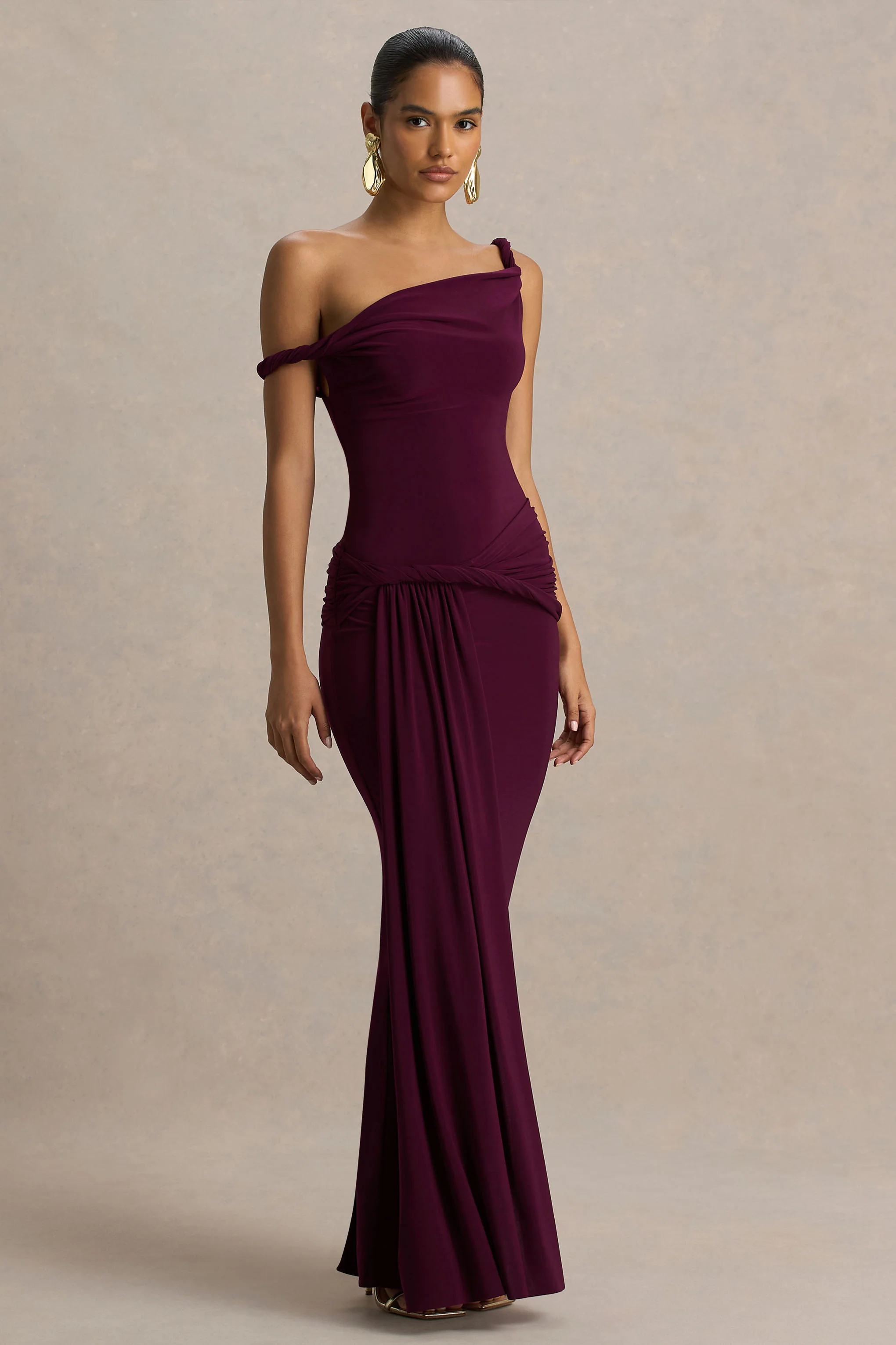 Tulisa | Burgundy Asymmetric-Neck Maxi Dress With Twist Sleeves And Ruched Detailing - Image 5