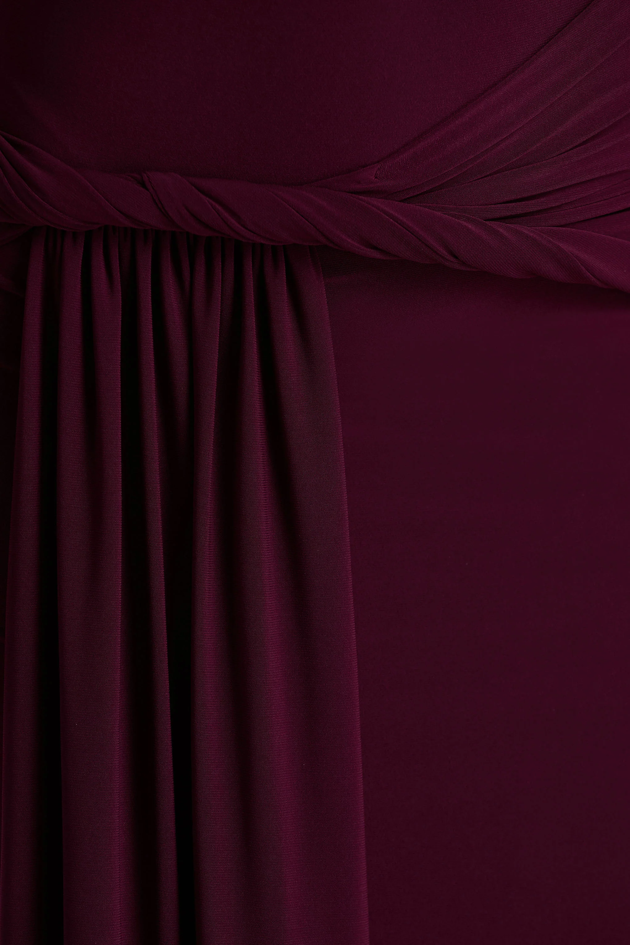 Tulisa | Burgundy Asymmetric-Neck Maxi Dress With Twist Sleeves And Ruched Detailing - Image 6