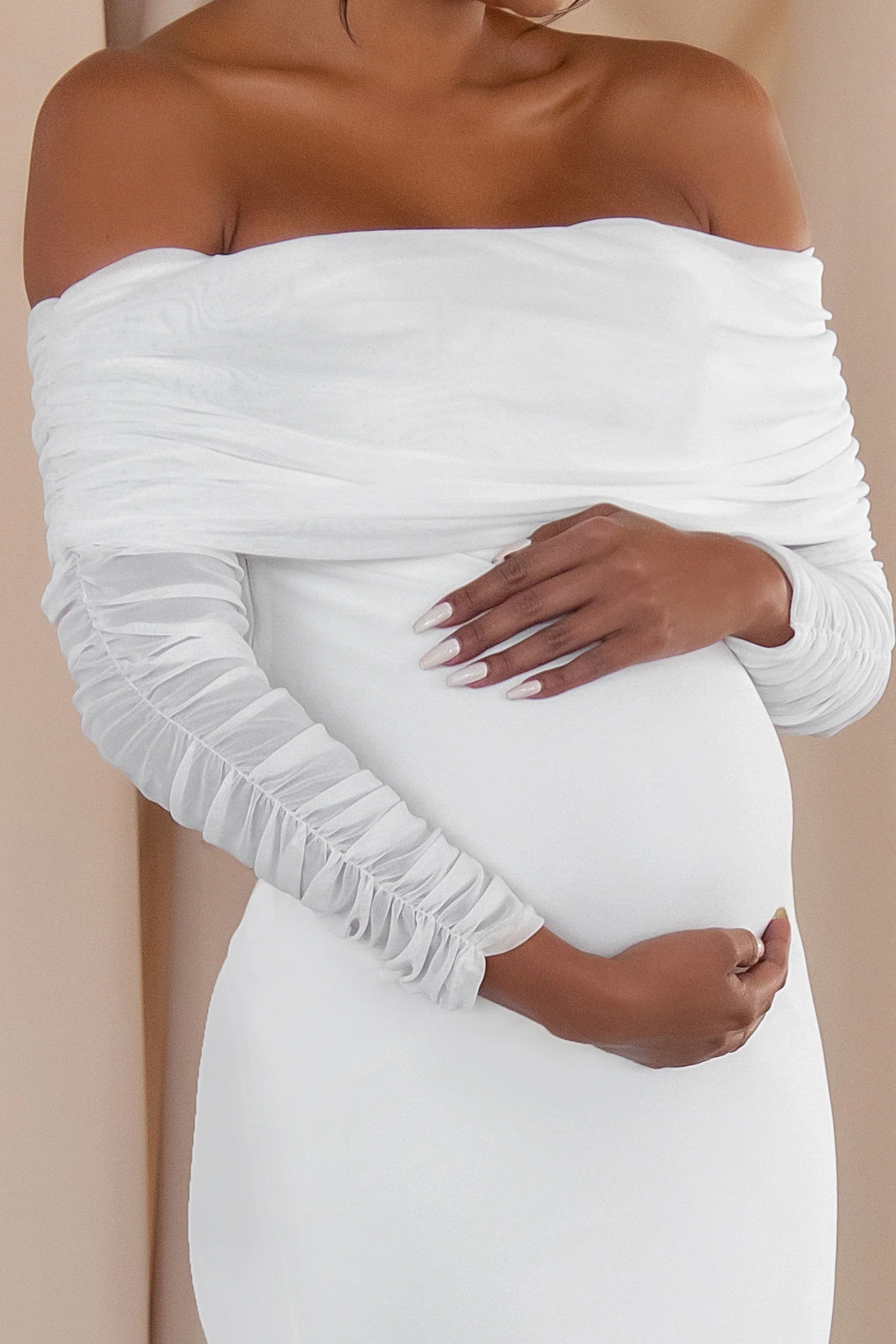 Pretty Perfect | White Maternity Ruched Mesh Bardot Maxi Dress - Image 3