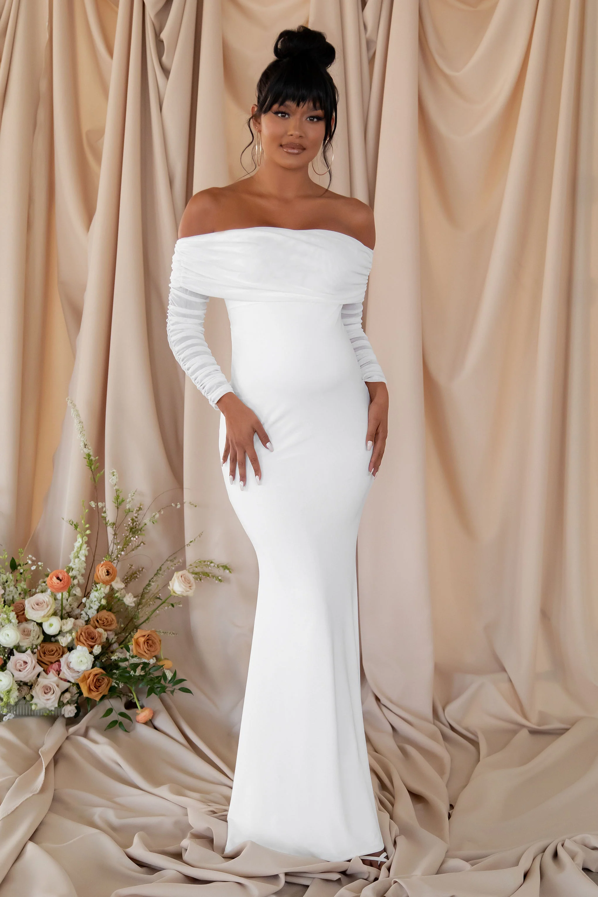Pretty Perfect | White Maternity Ruched Mesh Bardot Maxi Dress - Image 5