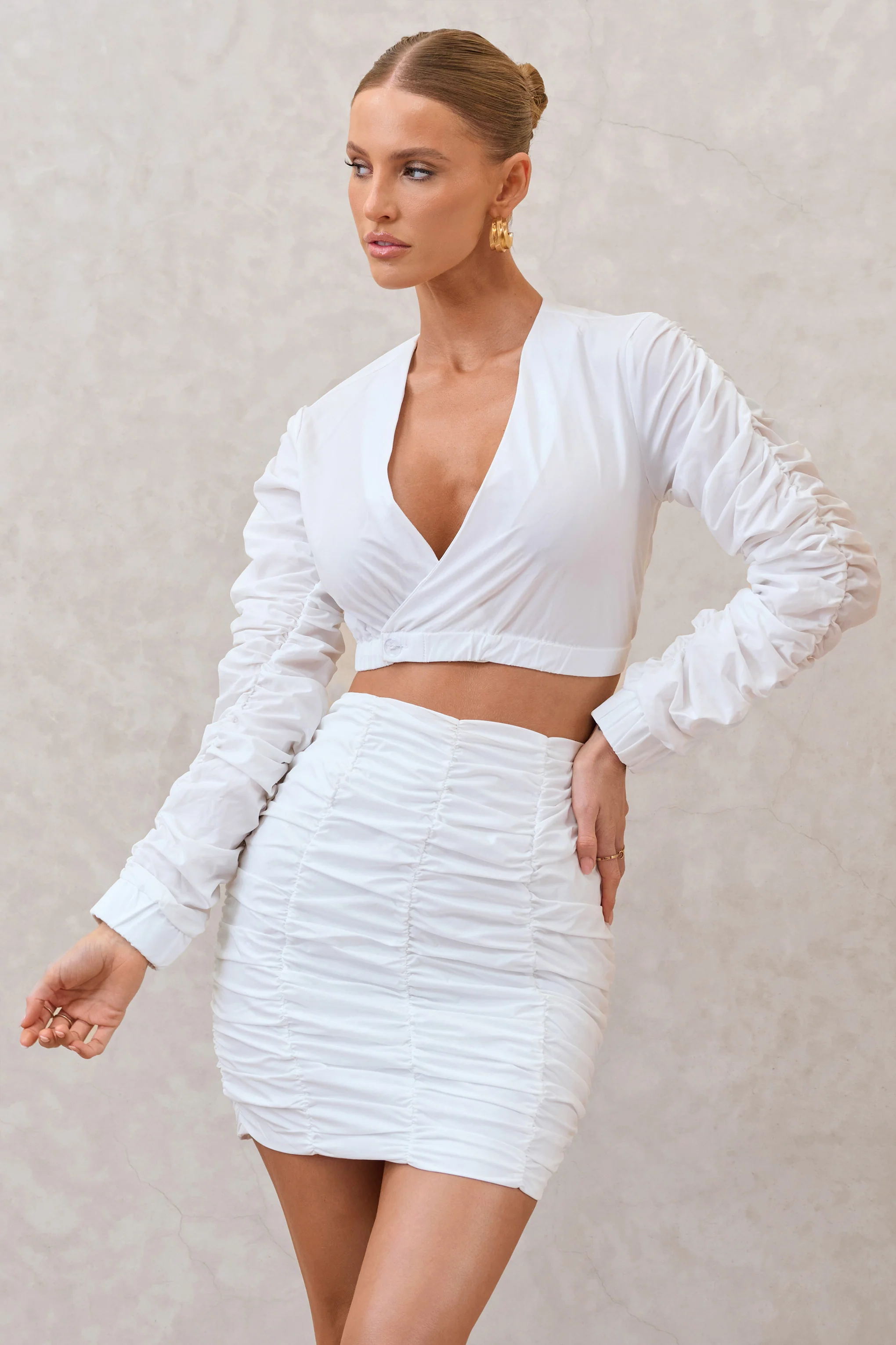 Sundown | White Ruched Sleeve Wrap Detail Cropped Shirt - Image 5