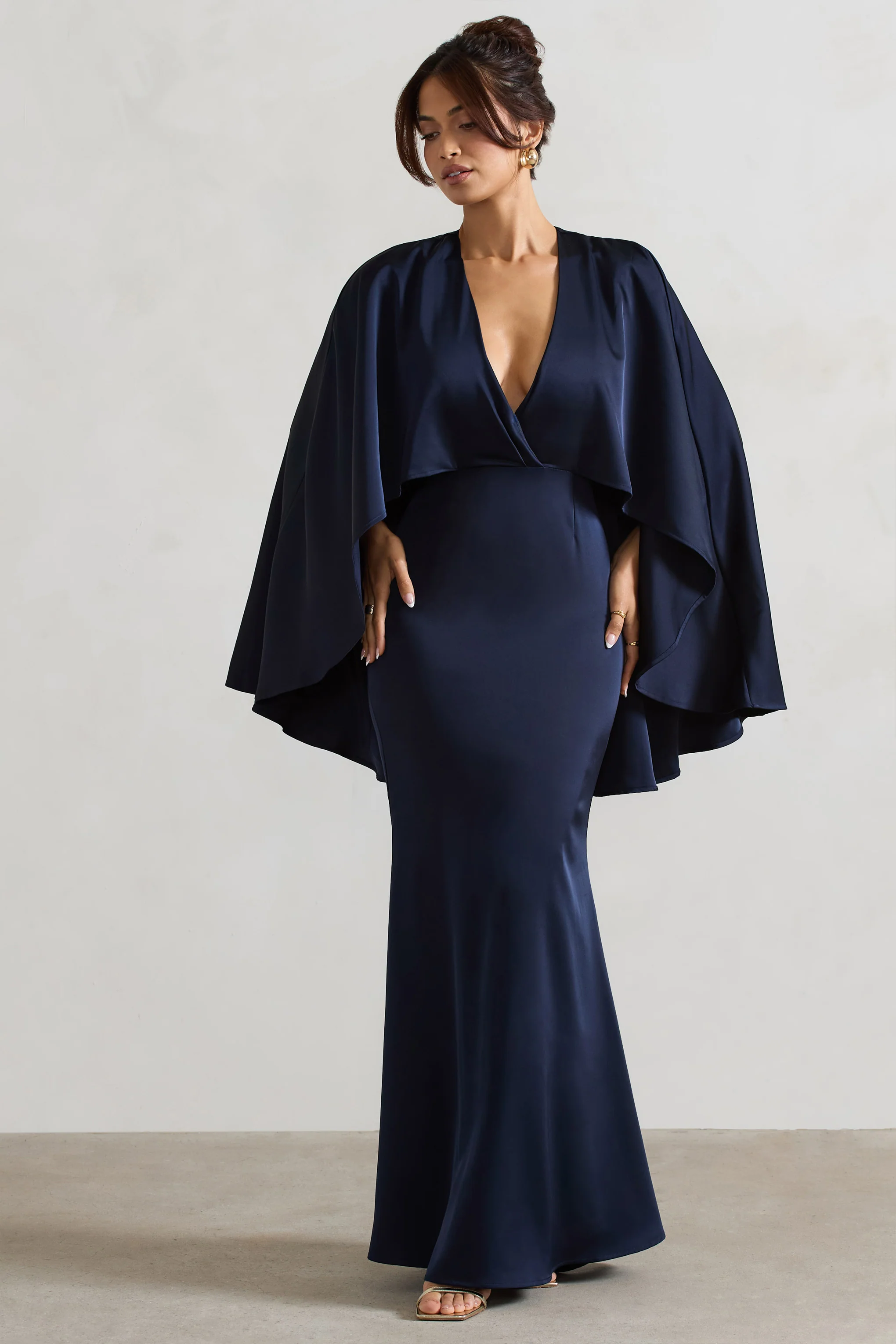 Yasie | Navy Satin Plunge-Neck Maxi Dress With Cape Sleeves - Image 4